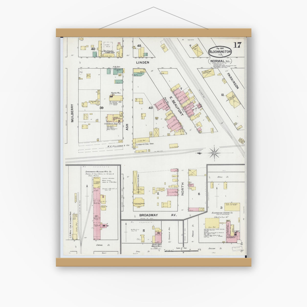Old map wall art mockup — magnetic wood frame on white wall — Sanborn Fire Insurance Map from Bloomington, McLean County, Illinois (1892), Sheet #0017