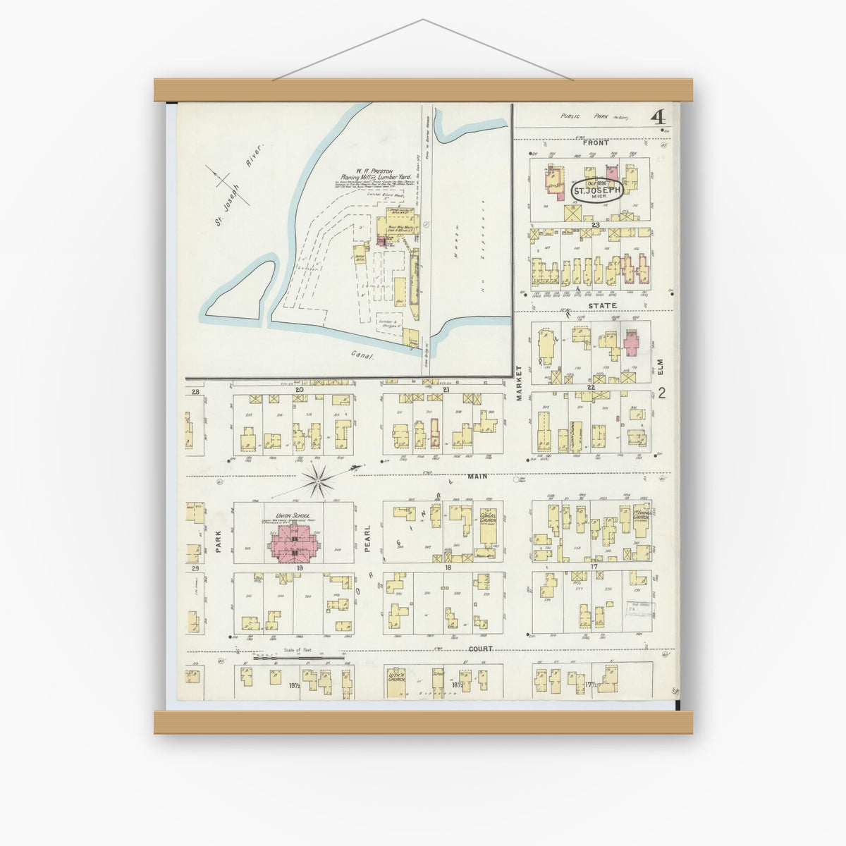 Old map wall art mockup — magnetic wood frame on white wall — Sanborn Fire Insurance Map from Saint Joseph, Berrien County, Michigan (1896), Sheet #0004