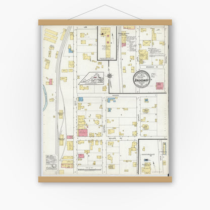 Old map wall art mockup — magnetic wood frame on white wall — Sanborn Fire Insurance Map from Broadway, Rockingham County, Virginia (1918), Sheet #0001