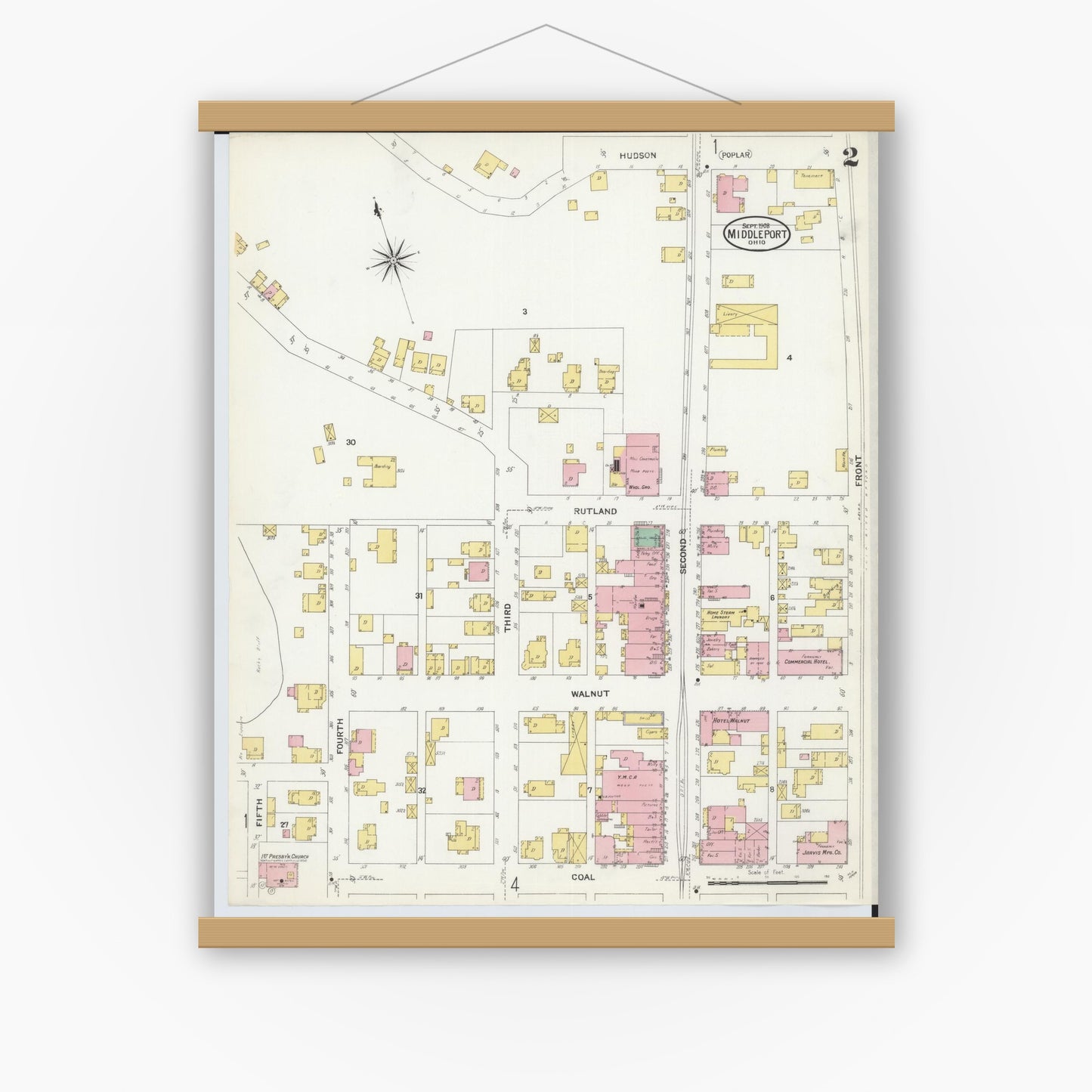 Old map wall art mockup — magnetic wood frame on white wall — Sanborn Fire Insurance Map from Middleport, Meigs County, Ohio (1908), Sheet #0002