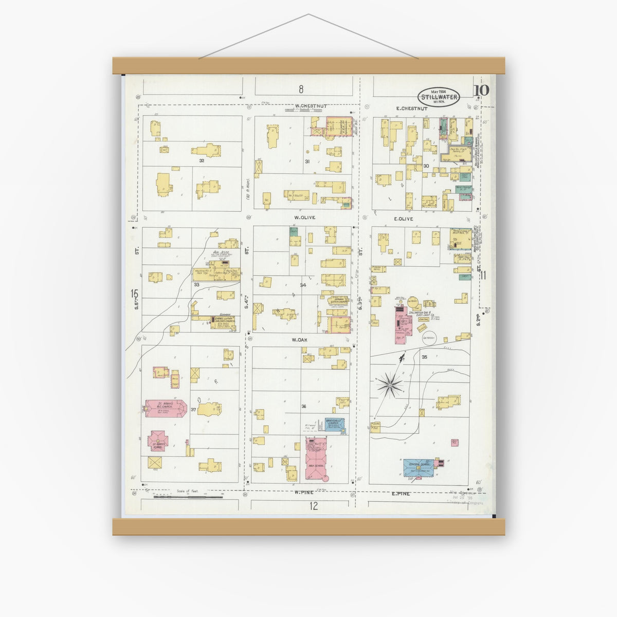 Old map wall art mockup — magnetic wood frame on white wall — Sanborn Fire Insurance Map from Stillwater, Washington County, Minnesota (1904), Sheet #0010