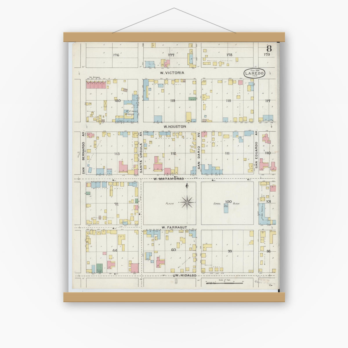 Old map wall art mockup — magnetic wood frame on white wall — Sanborn Fire Insurance Map from Laredo, Webb County, Texas (1894), Sheet #0008
