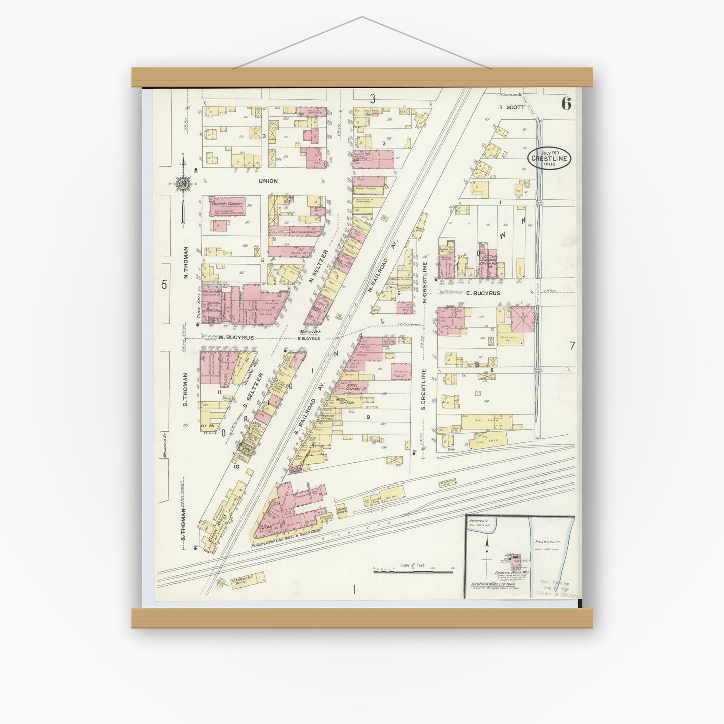 Old map wall art mockup — magnetic wood frame on white wall — Sanborn Fire Insurance Map from Crestline, Crawford County, Ohio (1910), Sheet #0006
