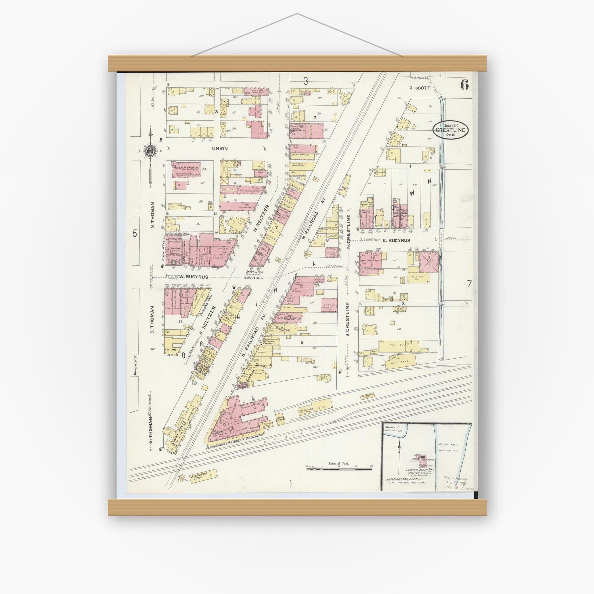 Old map wall art mockup — magnetic wood frame on white wall — Sanborn Fire Insurance Map from Crestline, Crawford County, Ohio (1910), Sheet #0006
