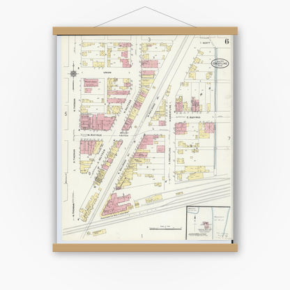 Old map wall art mockup — magnetic wood frame on white wall — Sanborn Fire Insurance Map from Crestline, Crawford County, Ohio (1910), Sheet #0006