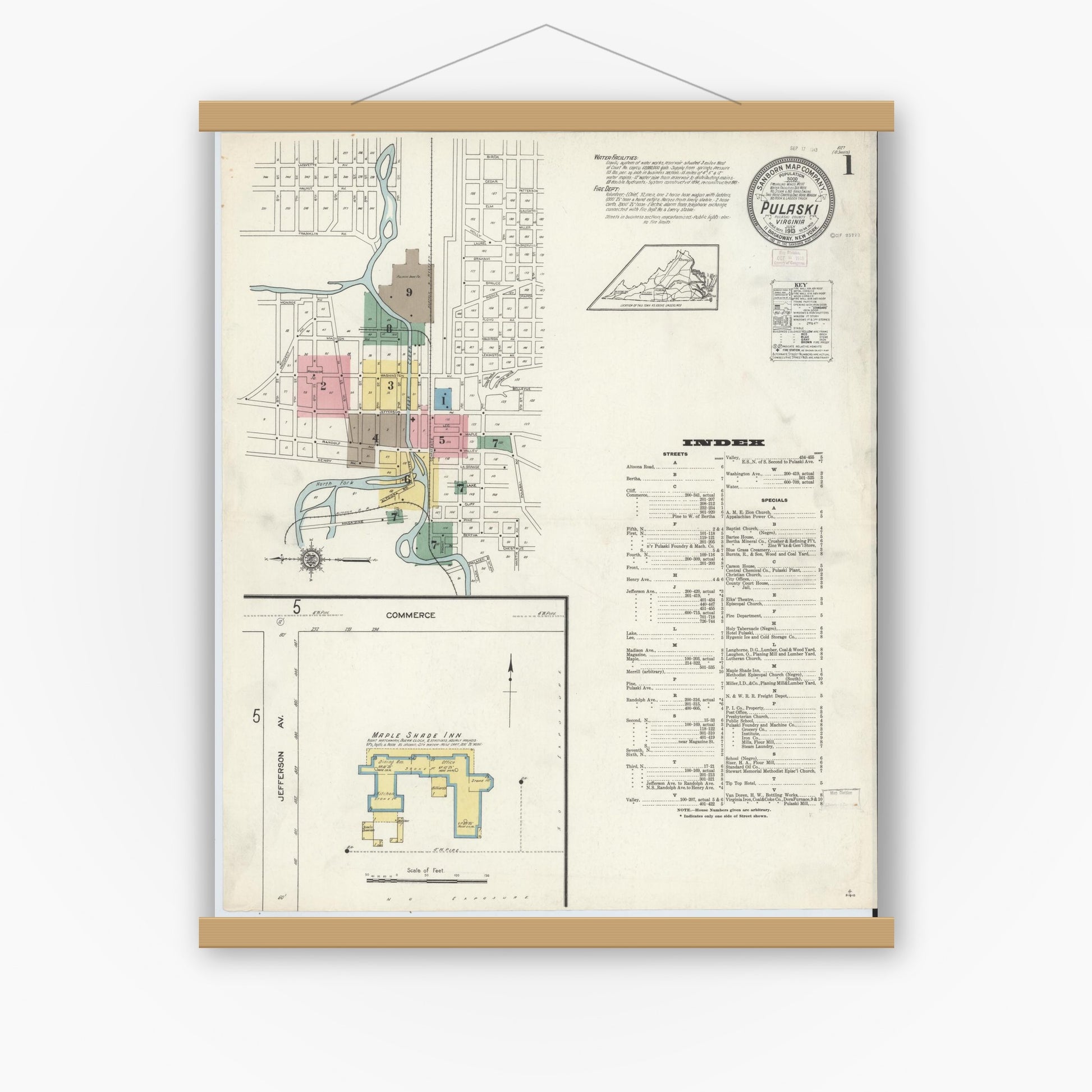 Old map wall art mockup — magnetic wood frame on white wall — Sanborn Fire Insurance Map from Pulaski, Pulaski County, Virginia (1913) - Complete Map Set
