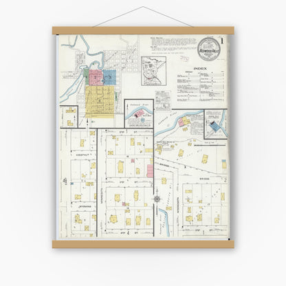 Old map wall art mockup — magnetic wood frame on white wall — Sanborn Fire Insurance Map from Redwood Falls, Redwood County, Minnesota (1915) - Complete Map Set