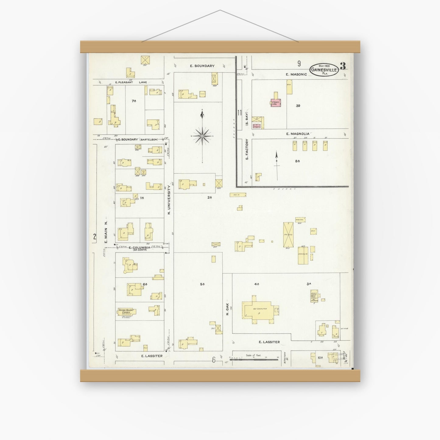 Old map wall art mockup — magnetic wood frame on white wall — Sanborn Fire Insurance Map from Gainesville, Alachua County, Florida (1909), Sheet #0003