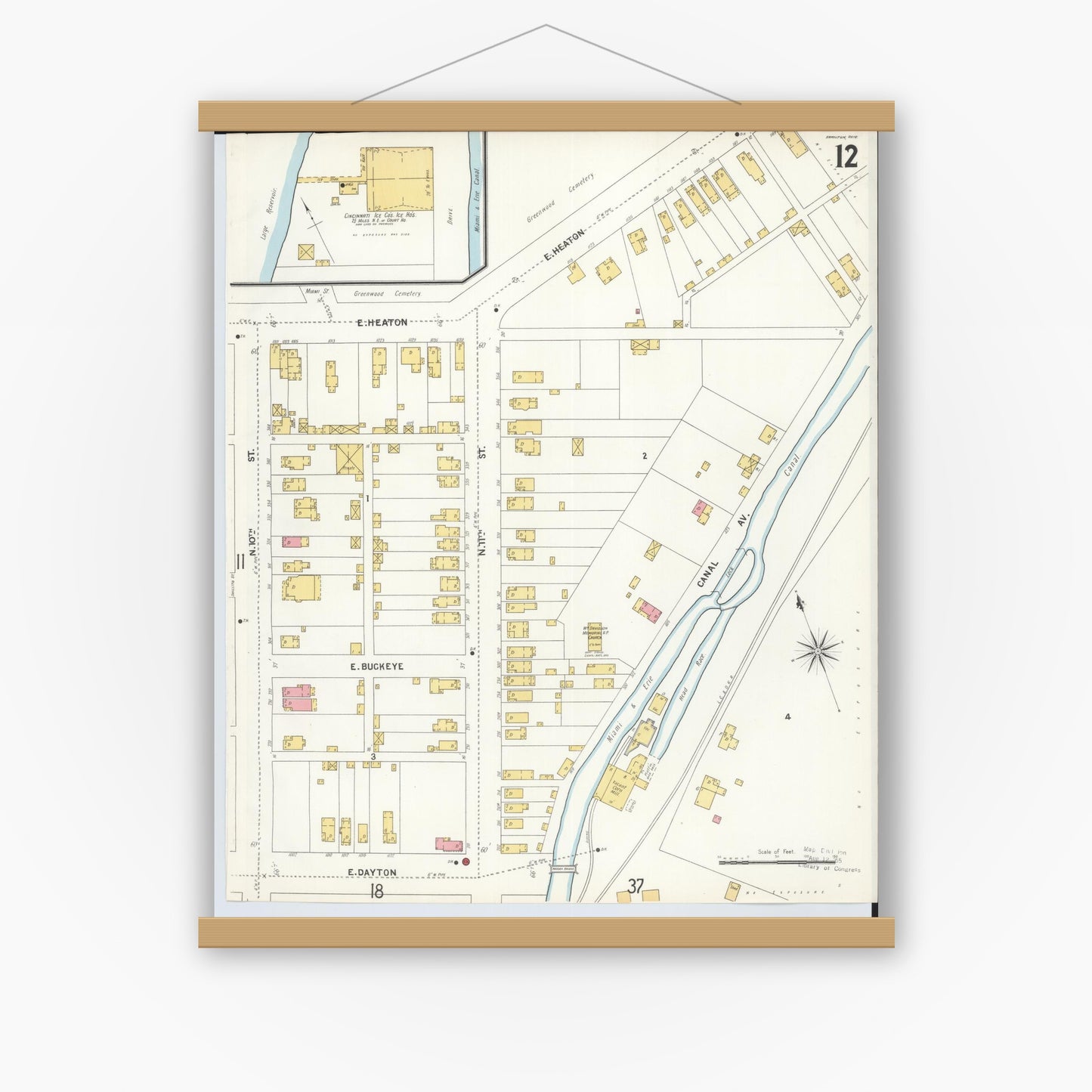 Old map wall art mockup — magnetic wood frame on white wall — Sanborn Fire Insurance Map from Hamilton, Butler County, Ohio (1899), Sheet #0012