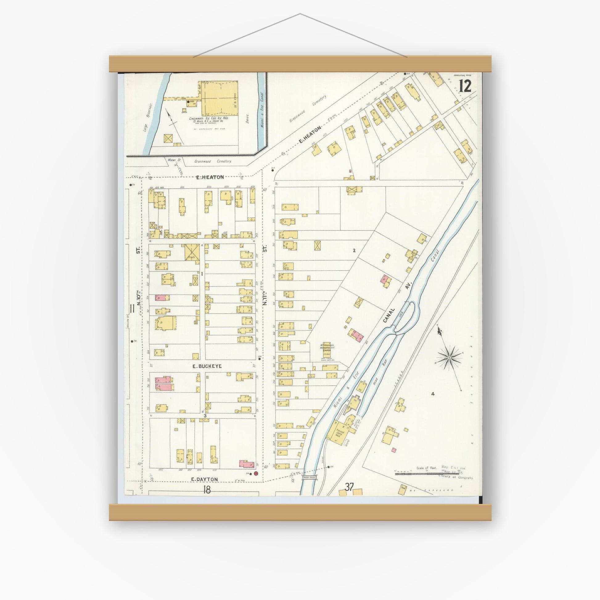 Old map wall art mockup — magnetic wood frame on white wall — Sanborn Fire Insurance Map from Hamilton, Butler County, Ohio (1899), Sheet #0012