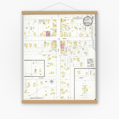 Old map wall art mockup — magnetic wood frame on white wall — Sanborn Fire Insurance Map from West Branch, Cedar County, Iowa (1900) â€” Complete Set