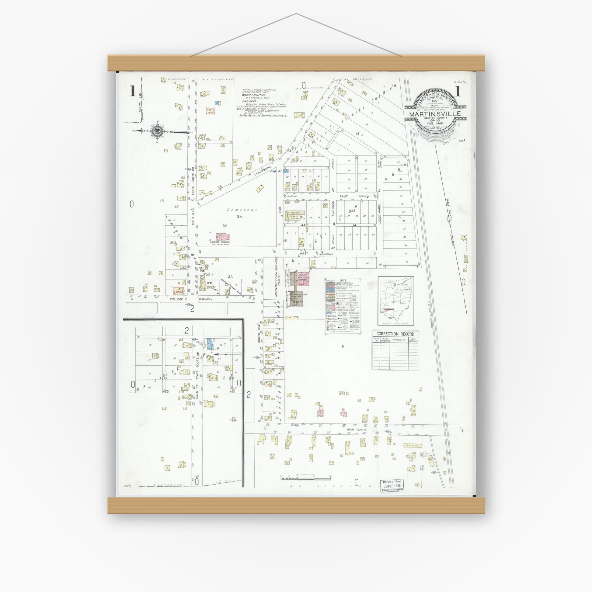 Old map wall art mockup — magnetic wood frame on white wall — Sanborn Fire Insurance Map from Martinsville, Clinton County, Ohio (1948) - Complete Map Set