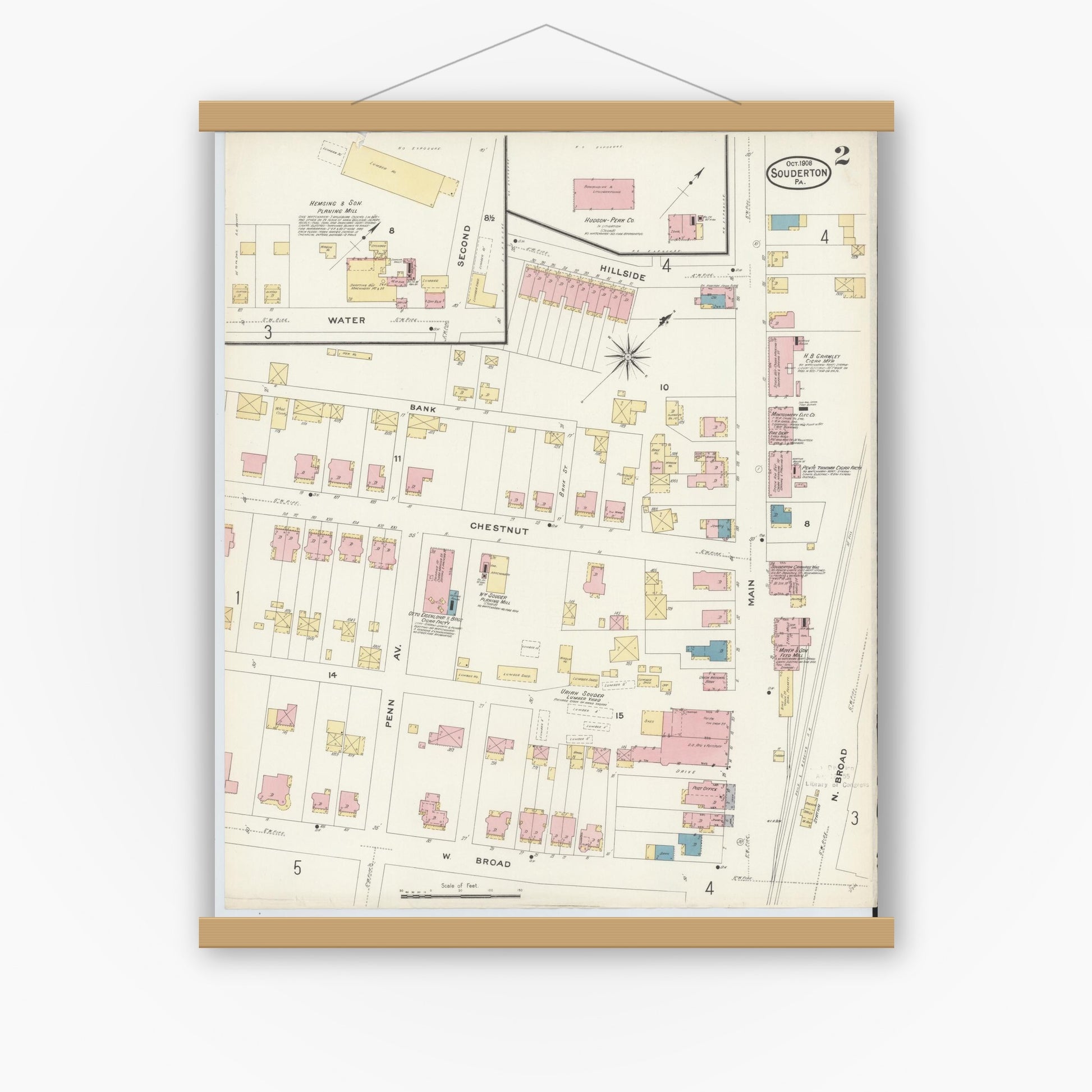 Old map wall art mockup — magnetic wood frame on white wall — Sanborn Fire Insurance Map from Souderton, Montgomery County, Pennsylvania (1908), Sheet #0002