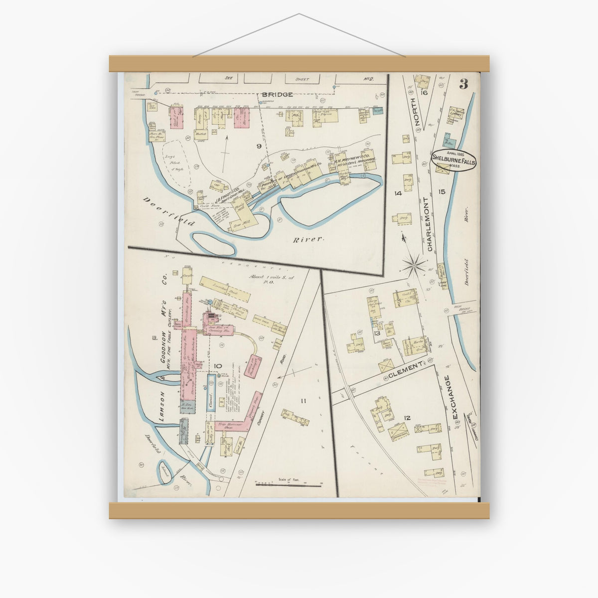 Old map wall art mockup — magnetic wood frame on white wall — Sanborn Fire Insurance Map from Shelburne Falls, Franklin County, Massachusetts (1885), Sheet #0003