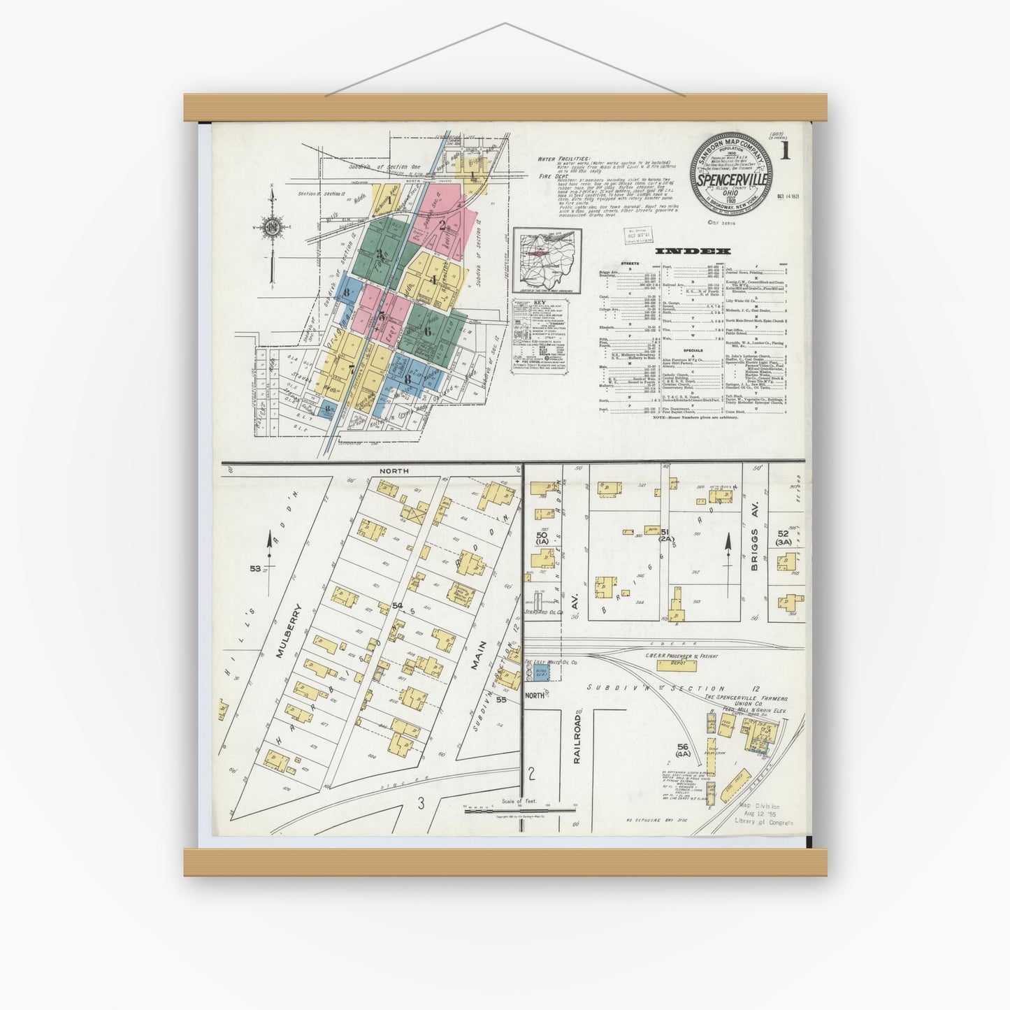 Old map wall art mockup — magnetic wood frame on white wall — Sanborn Fire Insurance Map from Spencerville, Allen County, Ohio (1921), Sheet #0001