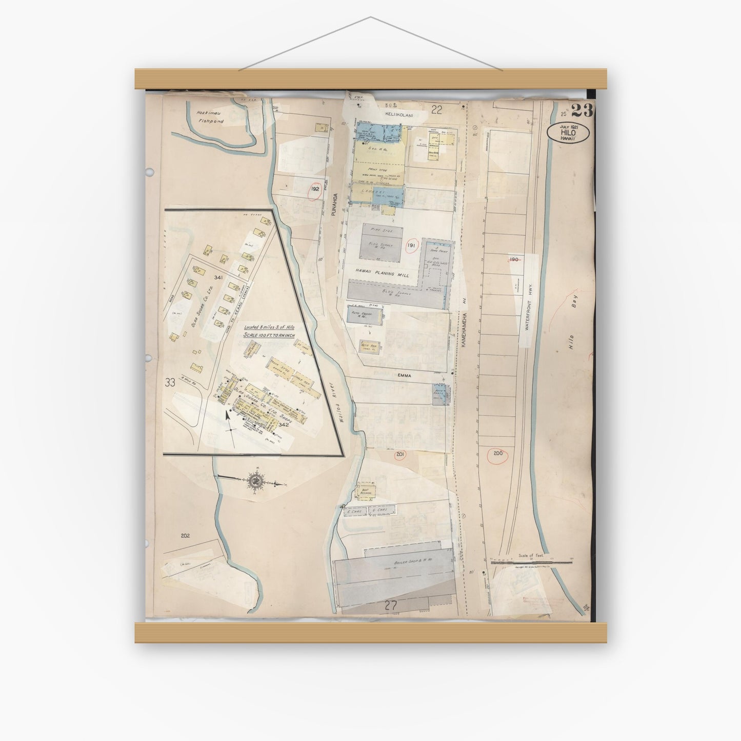 Old map wall art mockup — magnetic wood frame on white wall — Sanborn Fire Insurance Map from Hilo, Hawaii County, Hawaii (1957), Sheet #0023