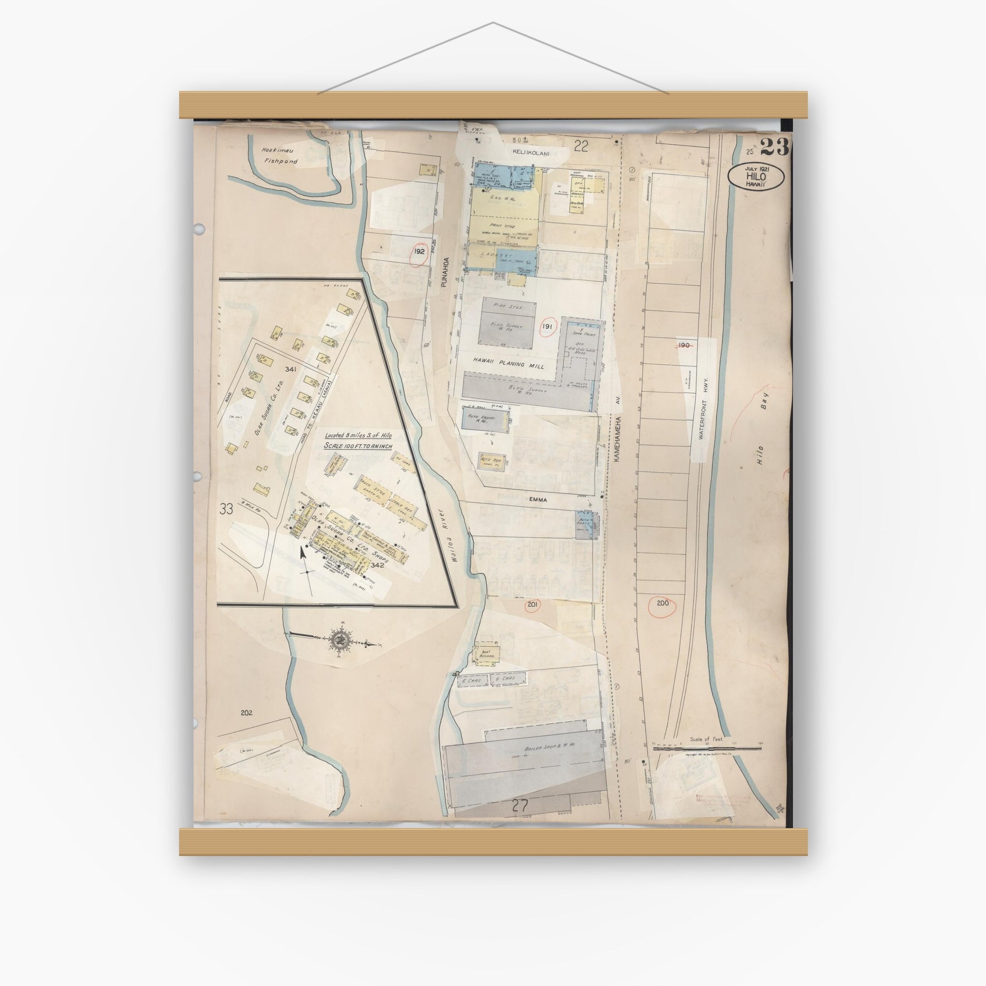 Old map wall art mockup — magnetic wood frame on white wall — Sanborn Fire Insurance Map from Hilo, Hawaii County, Hawaii (1957), Sheet #0023