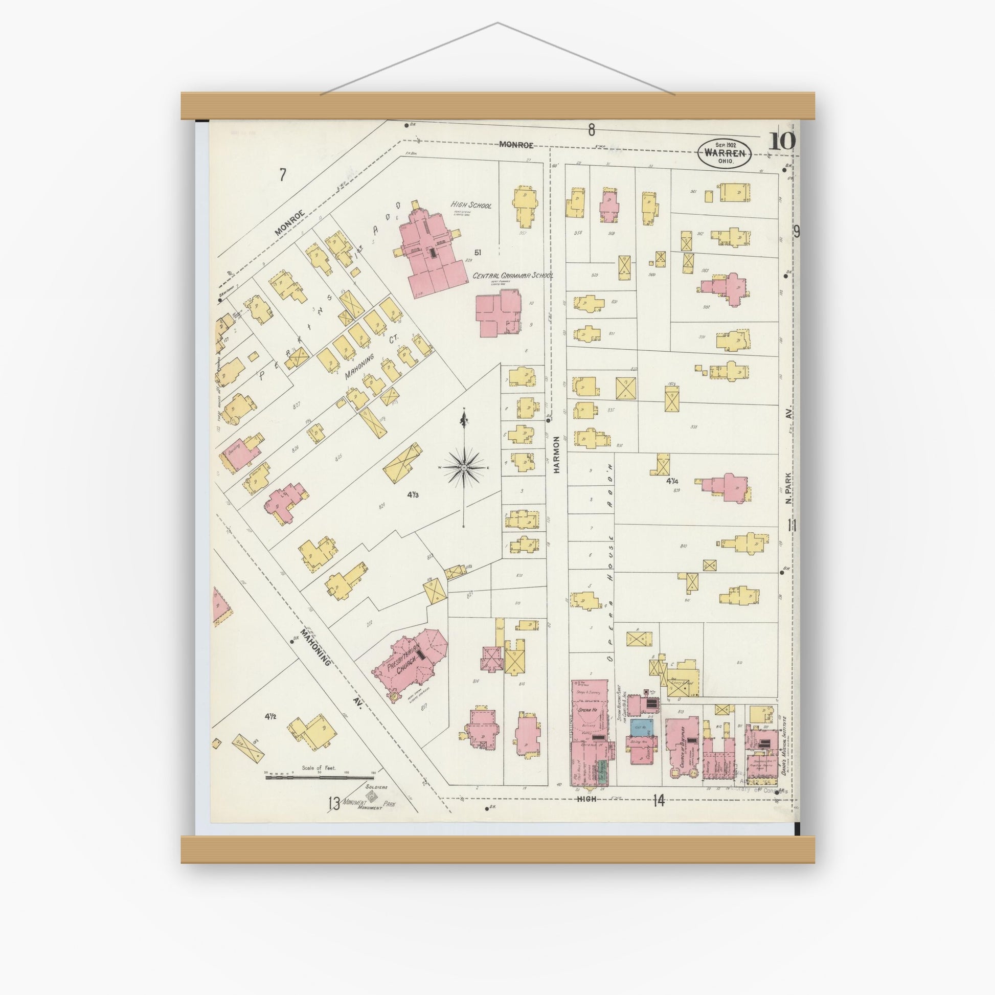 Old map wall art mockup — magnetic wood frame on white wall — Sanborn Fire Insurance Map from Warren, Trumbull County, Ohio (1902), Sheet #0010