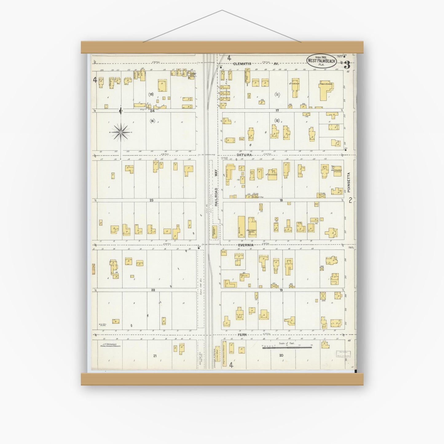 Old map wall art mockup — magnetic wood frame on white wall — Sanborn Fire Insurance Map from West Palm Beach, Dade County, Florida (1903), Sheet #0003