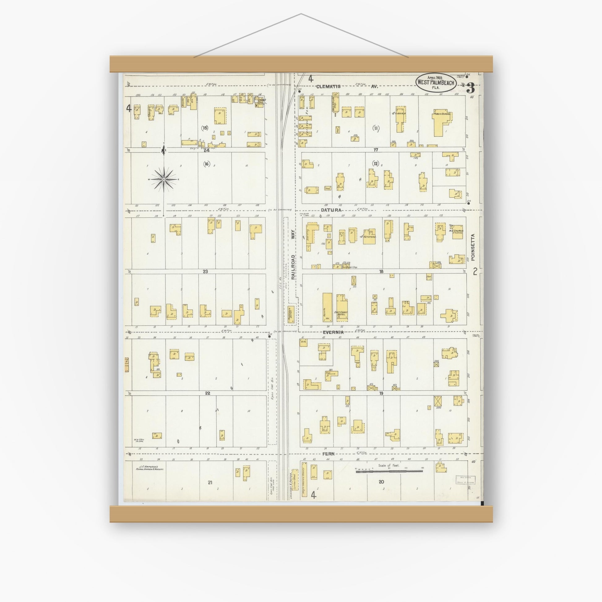 Old map wall art mockup — magnetic wood frame on white wall — Sanborn Fire Insurance Map from West Palm Beach, Dade County, Florida (1903), Sheet #0003