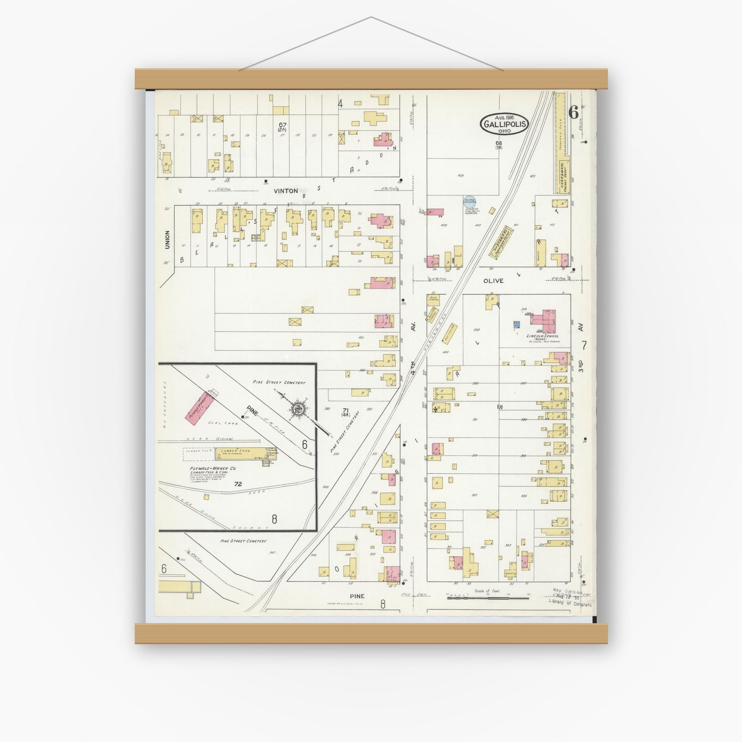 Old map wall art mockup — magnetic wood frame on white wall — Sanborn Fire Insurance Map from Gallipolis, Gallia County, Ohio (1916), Sheet #0006