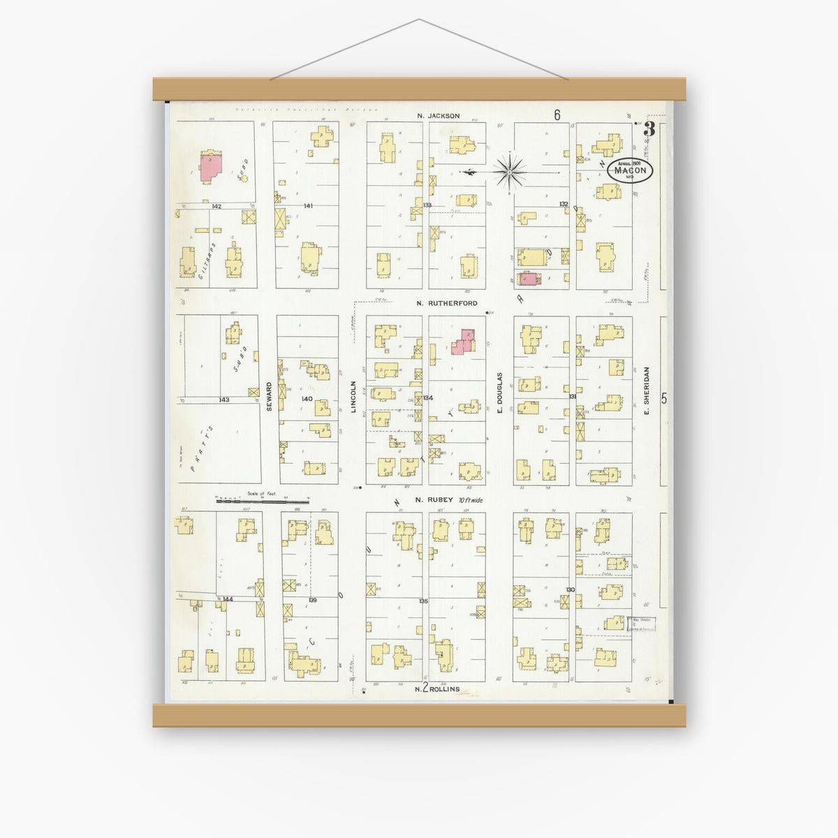 Old map wall art mockup — magnetic wood frame on white wall — Sanborn Fire Insurance Map from Macon, Macon County, Missouri (1909), Sheet #0003