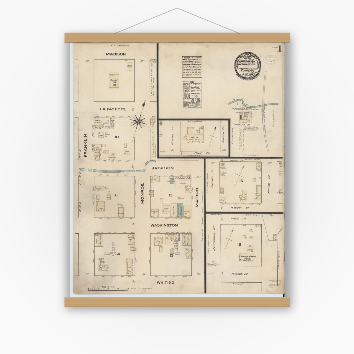 Old map wall art mockup — magnetic wood frame on white wall — Sanborn Fire Insurance Map from Tampa, Hillsborough County, Florida (1884) - Complete Map Set