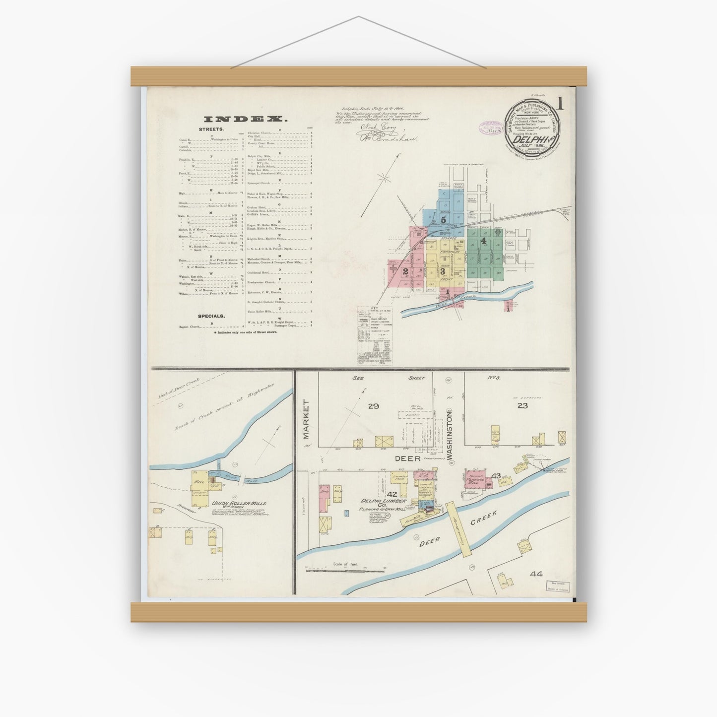 Old map wall art mockup — magnetic wood frame on white wall — Sanborn Fire Insurance Map from Delphi, Carroll County, Indiana (1886), Sheet #0001