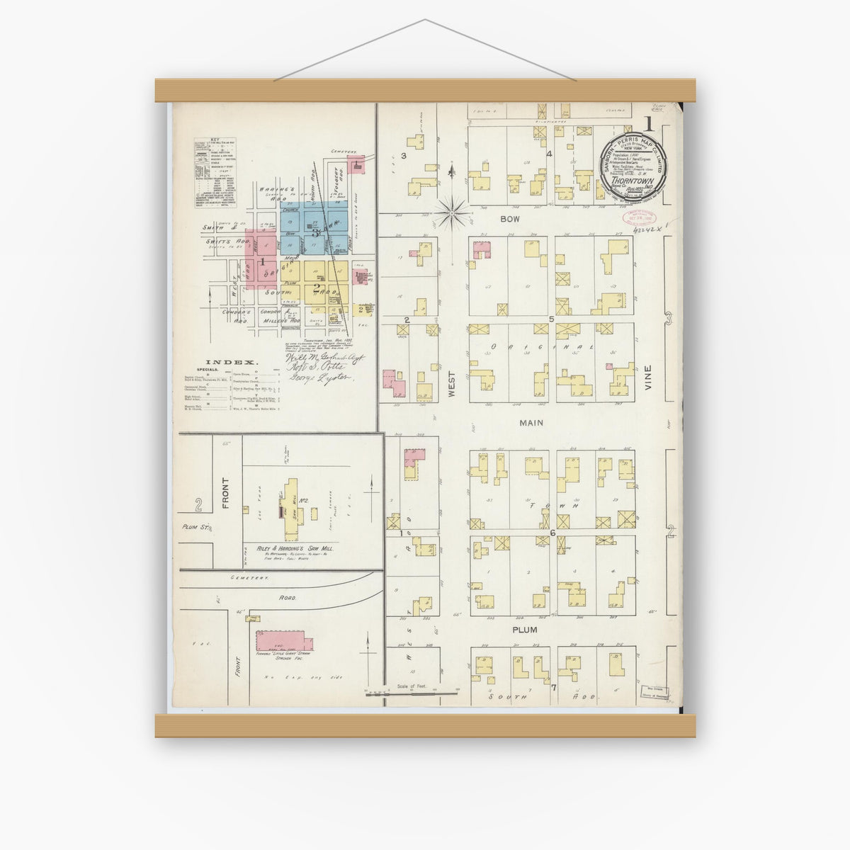 Old map wall art mockup — magnetic wood frame on white wall — Sanborn Fire Insurance Map from Thorntown, Boone County, Indiana (1892), Sheet #0001
