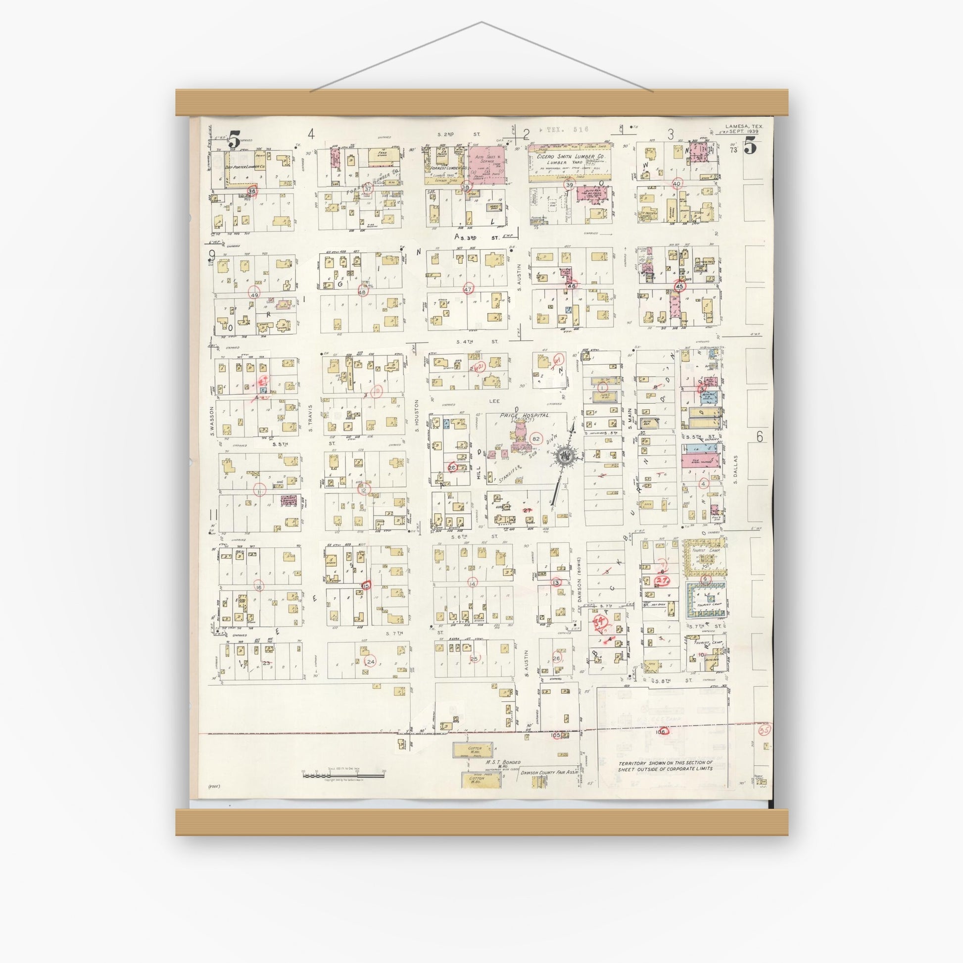Old map wall art mockup — magnetic wood frame on white wall — Sanborn Fire Insurance Map from Lamesa, Dawson County, Texas (1948), Sheet #0005