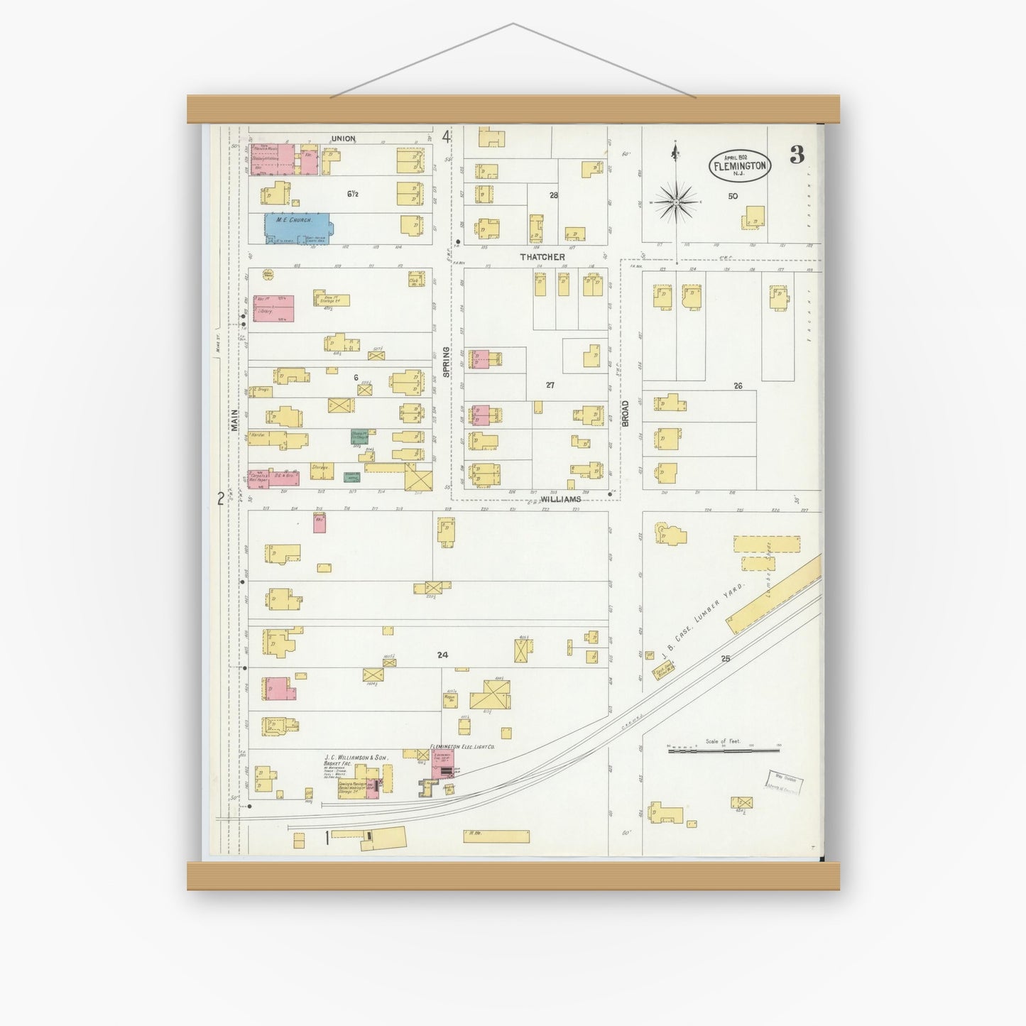 Old map wall art mockup — magnetic wood frame on white wall — Sanborn Fire Insurance Map from Flemington, Hunterdon County, New Jersey (1902), Sheet #0003