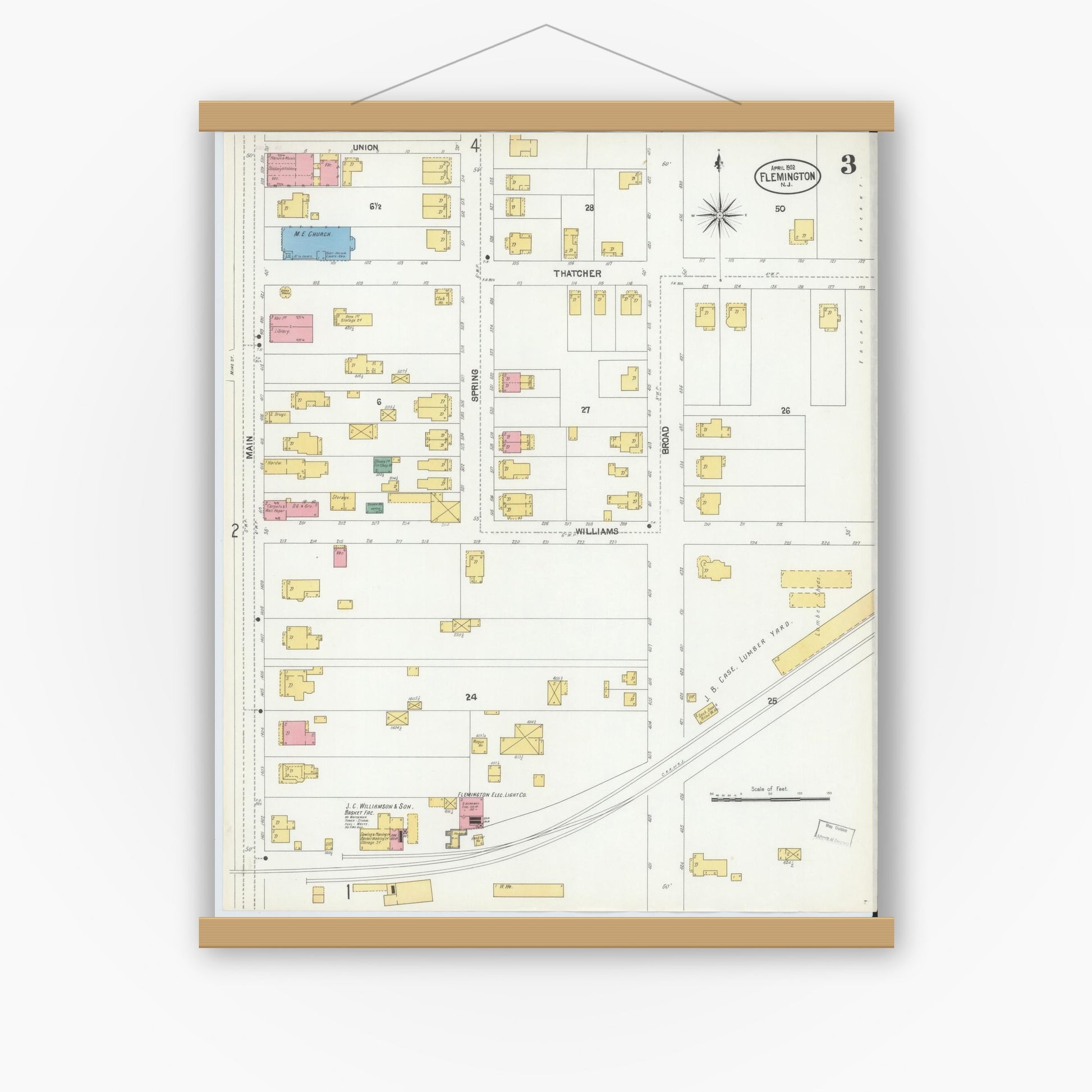 Old map wall art mockup — magnetic wood frame on white wall — Sanborn Fire Insurance Map from Flemington, Hunterdon County, New Jersey (1902), Sheet #0003