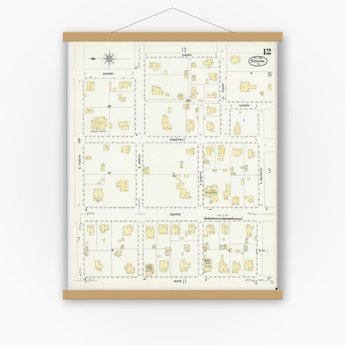 Old map wall art mockup — magnetic wood frame on white wall — Sanborn Fire Insurance Map from Bonham, Fannin County, Texas (1909), Sheet #0012