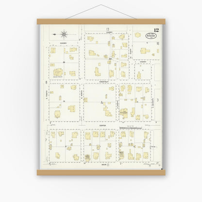 Old map wall art mockup — magnetic wood frame on white wall — Sanborn Fire Insurance Map from Bonham, Fannin County, Texas (1909), Sheet #0012
