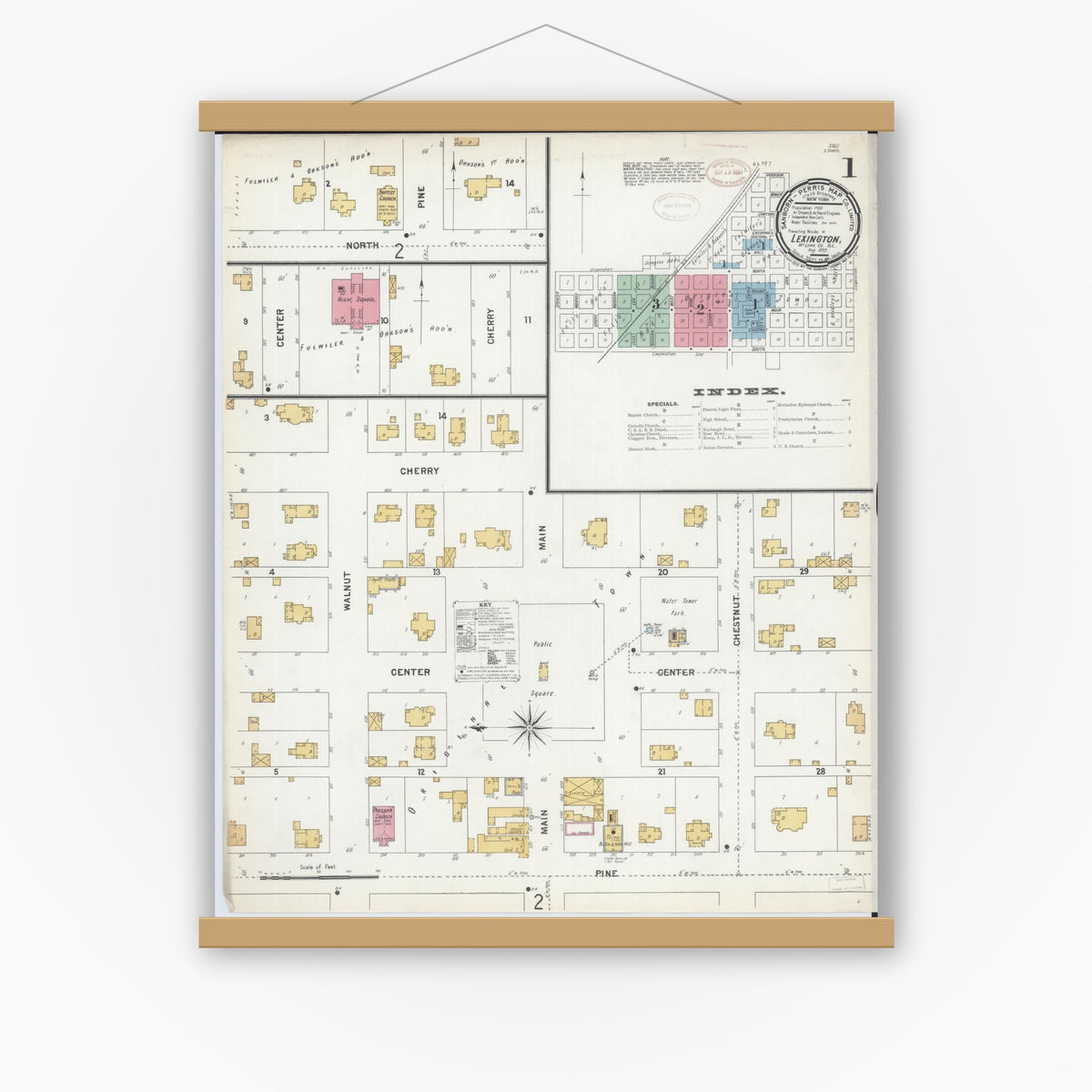 Old map wall art mockup — magnetic wood frame on white wall — Sanborn Fire Insurance Map from Lexington, McLean County, Illinois (1899) - Complete Map Set