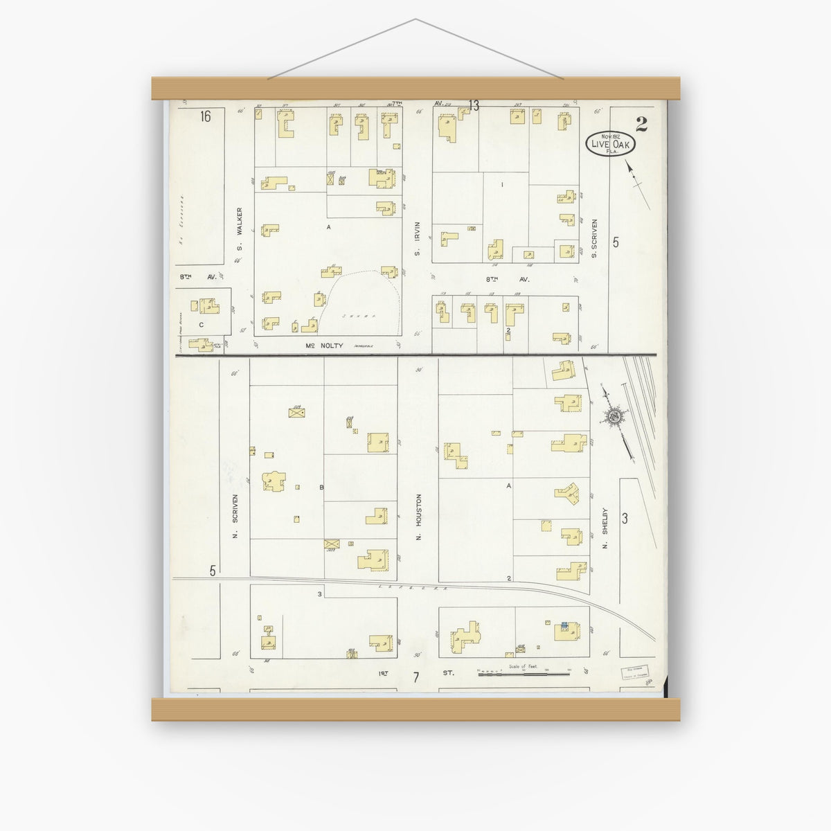 Old map wall art mockup — magnetic wood frame on white wall — Sanborn Fire Insurance Map from Live Oak, Suwanee County, Florida (1912), Sheet #0002
