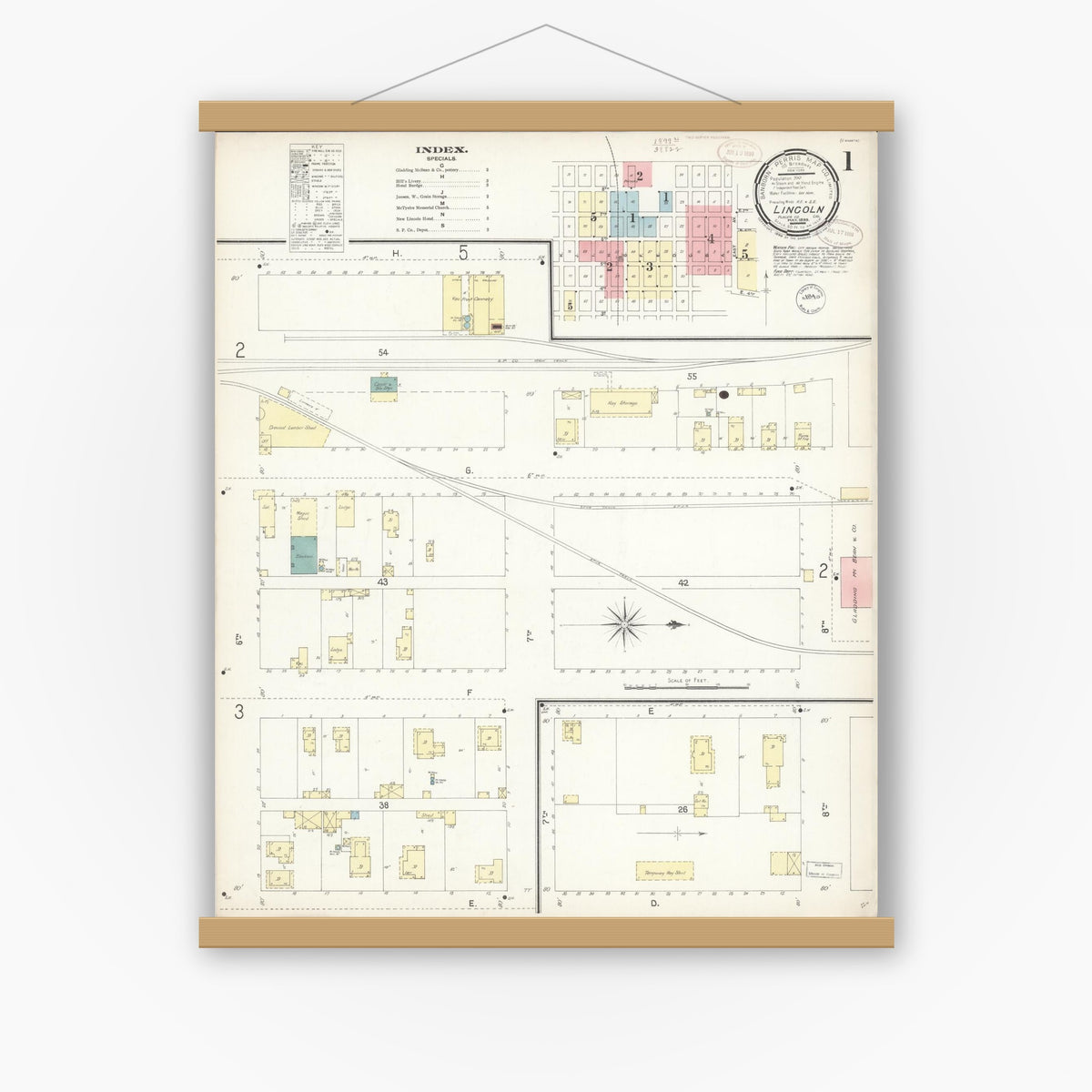 Old map wall art mockup — magnetic wood frame on white wall — Sanborn Fire Insurance Map from Lincoln, Placer County, California (1899) - Complete Map Set