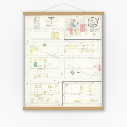 Old map wall art mockup — magnetic wood frame on white wall — Sanborn Fire Insurance Map from Lincoln, Placer County, California (1899) - Complete Map Set