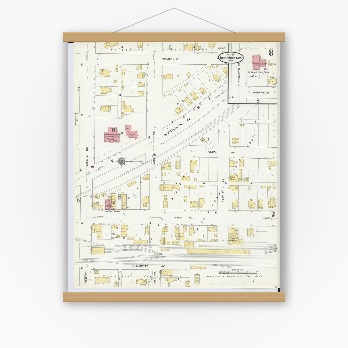 Old map wall art mockup — magnetic wood frame on white wall — Sanborn Fire Insurance Map from Iron Mountain, Dickinson County, Michigan (1911), Sheet #0008
