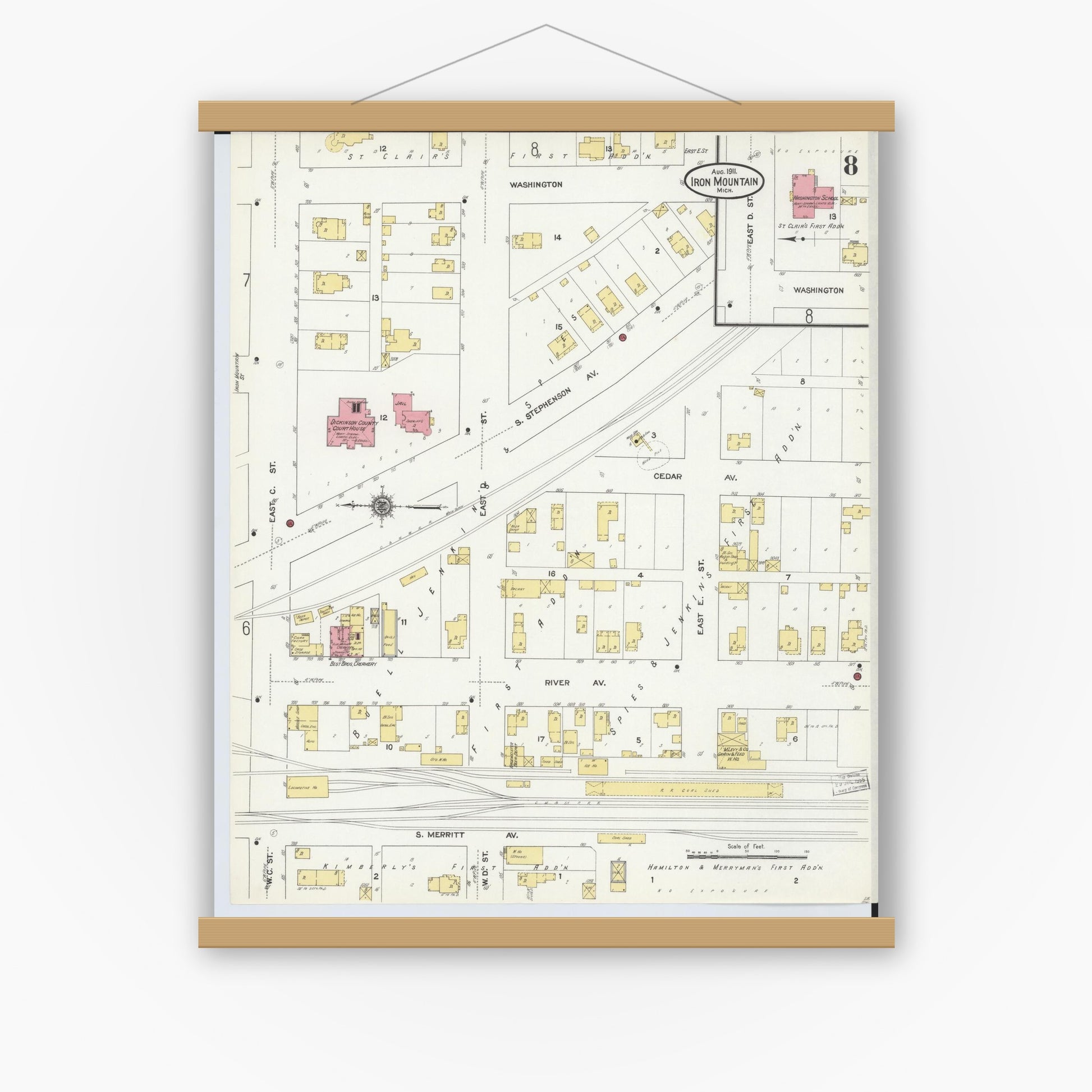 Old map wall art mockup — magnetic wood frame on white wall — Sanborn Fire Insurance Map from Iron Mountain, Dickinson County, Michigan (1911), Sheet #0008
