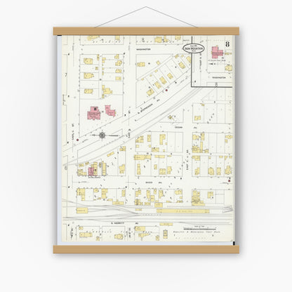 Old map wall art mockup — magnetic wood frame on white wall — Sanborn Fire Insurance Map from Iron Mountain, Dickinson County, Michigan (1911), Sheet #0008