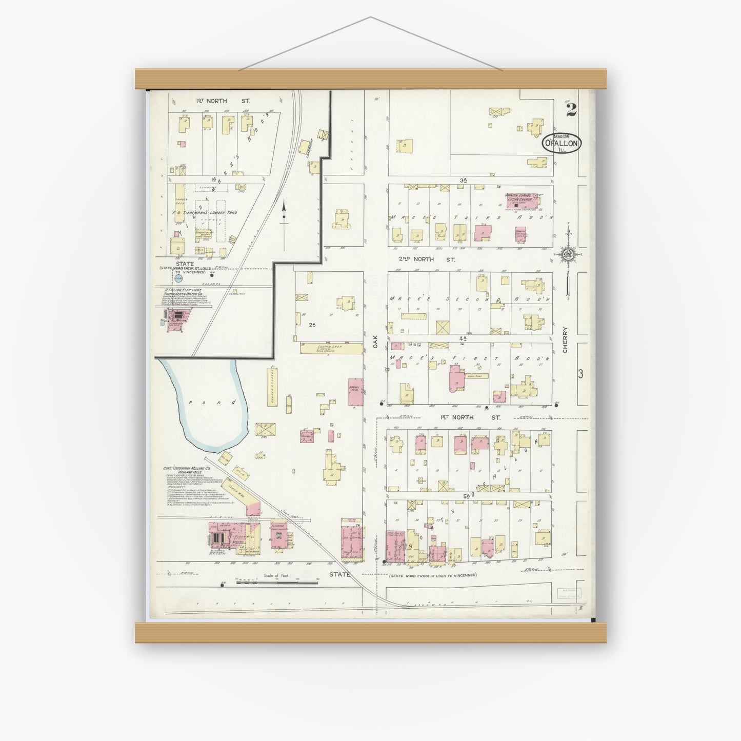 Old map wall art mockup — magnetic wood frame on white wall — Sanborn Fire Insurance Map from O'Fallon, Saint Clair County, Illinois (1914), Sheet #0002