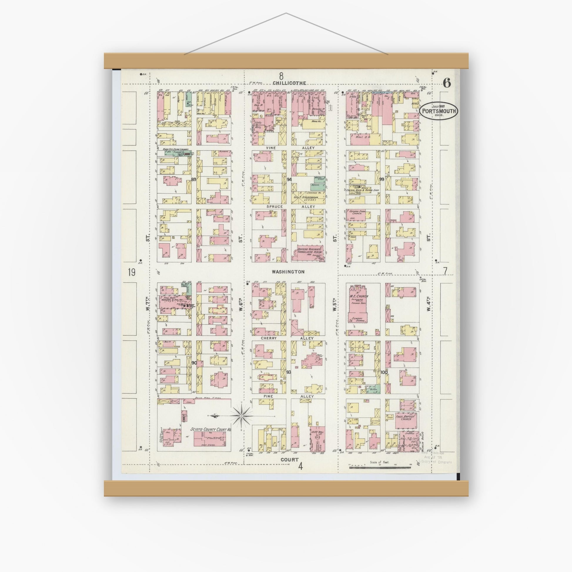 Old map wall art mockup — magnetic wood frame on white wall — Sanborn Fire Insurance Map from Portsmouth, Scioto County, Ohio (1897), Sheet #0006