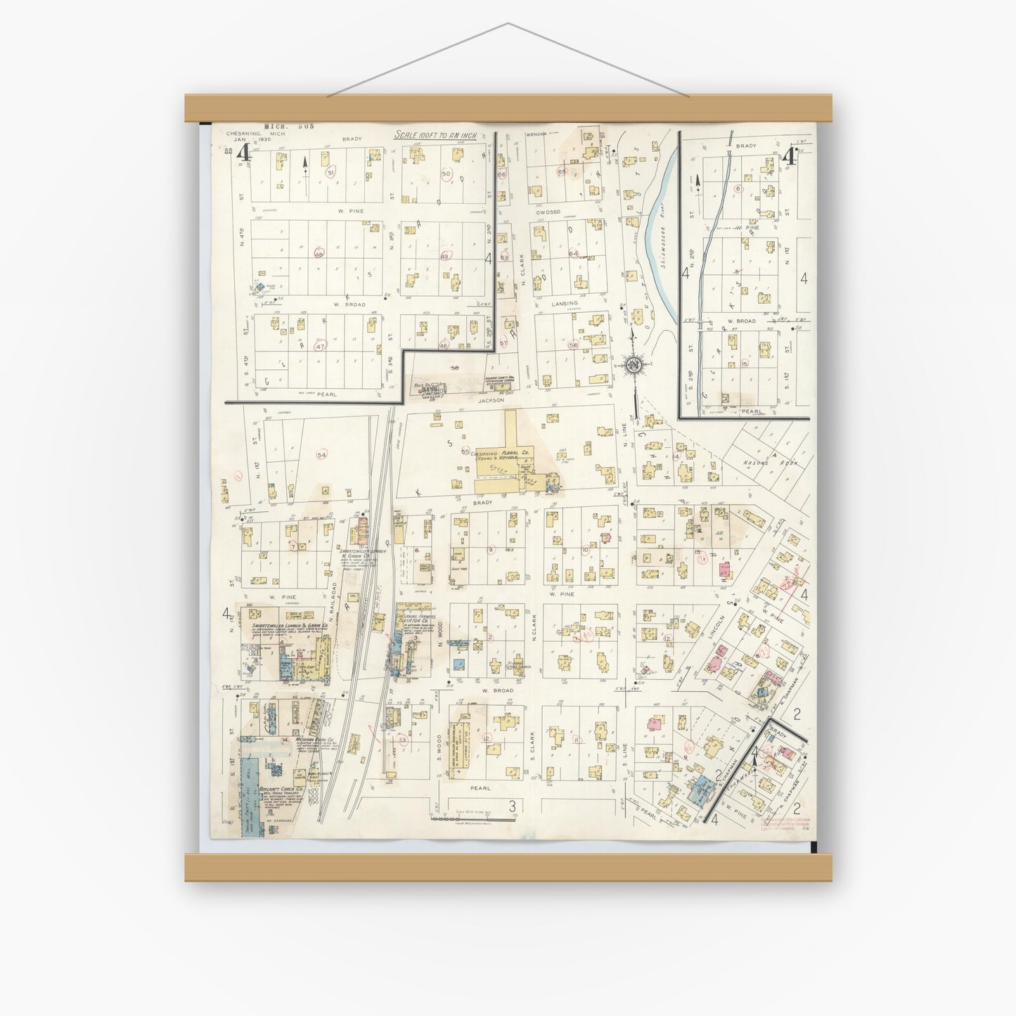 Old map wall art mockup — magnetic wood frame on white wall — Sanborn Fire Insurance Map from Chesaning, Saginaw County, Michigan (1944), Sheet #0004