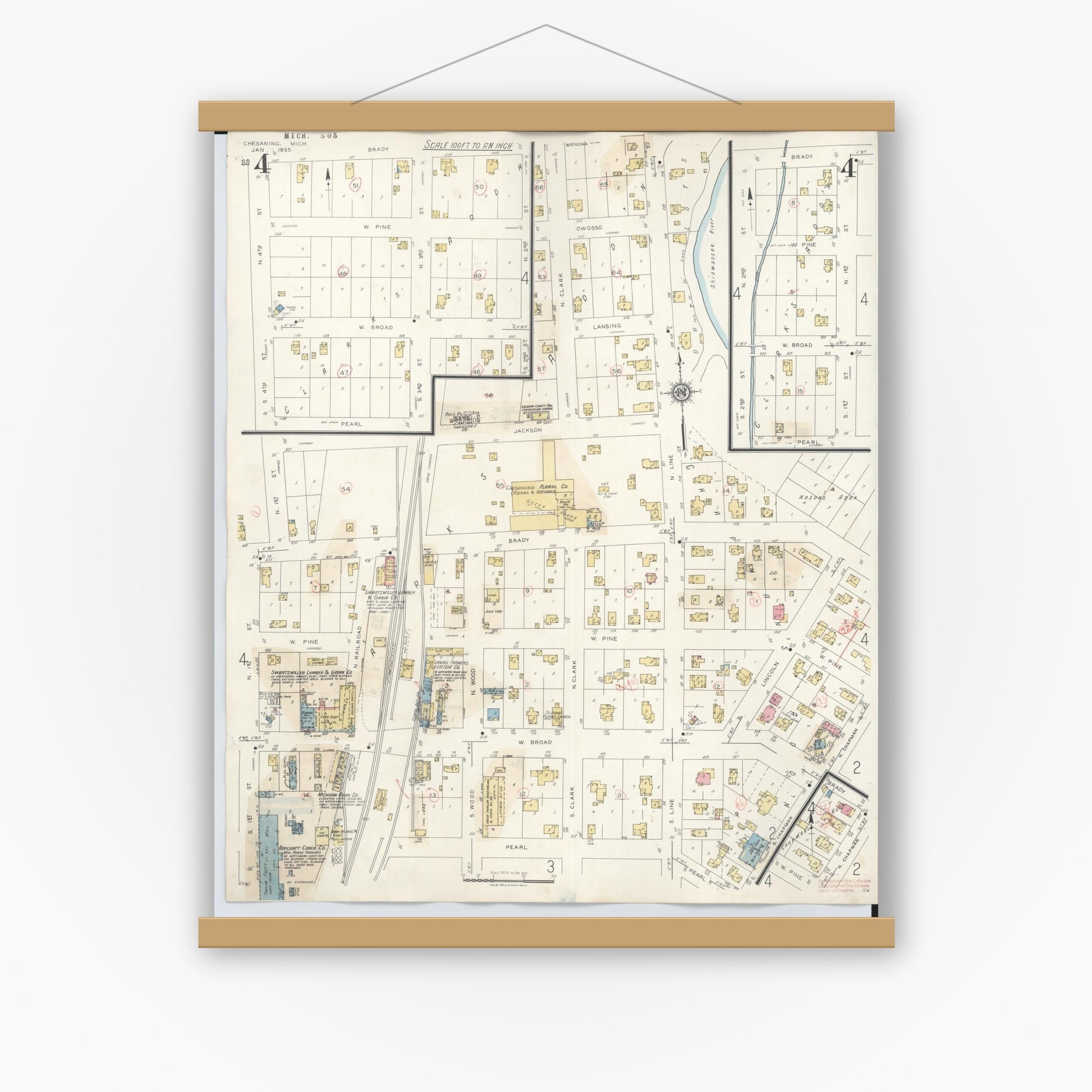 Old map wall art mockup — magnetic wood frame on white wall — Sanborn Fire Insurance Map from Chesaning, Saginaw County, Michigan (1944), Sheet #0004