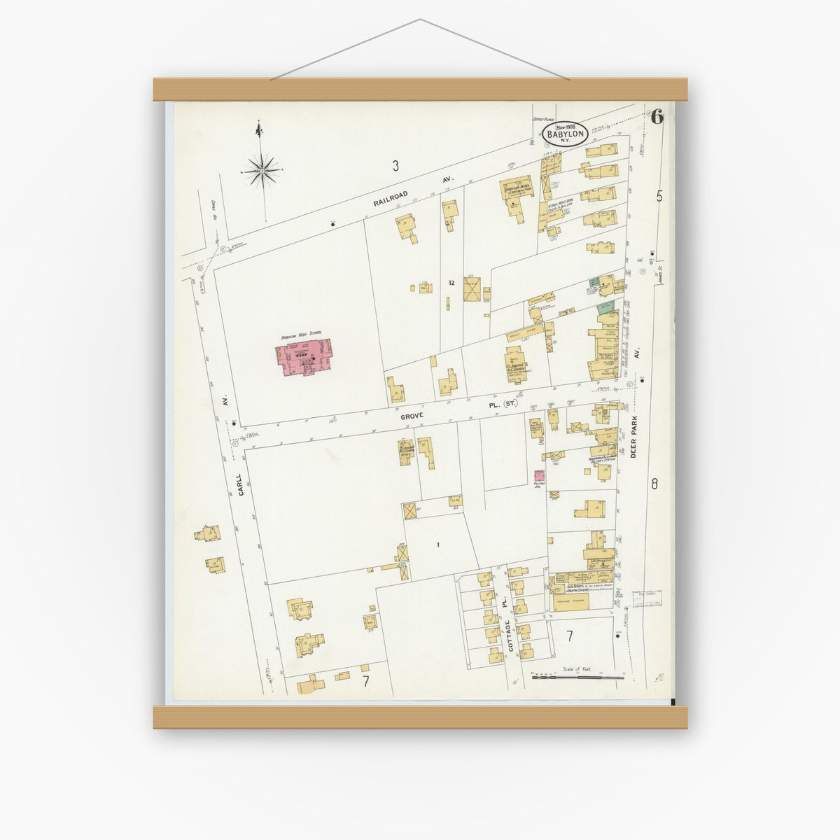Old map wall art mockup — magnetic wood frame on white wall — Sanborn Fire Insurance Map from Babylon, Suffolk County, New York (1908), Sheet #0006