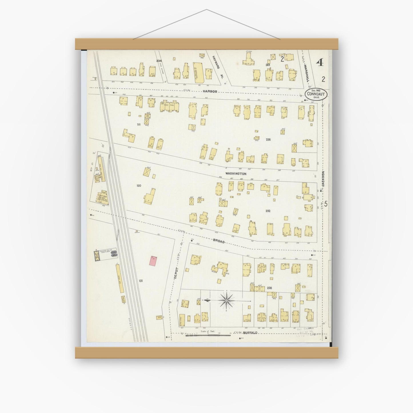 Old map wall art mockup — magnetic wood frame on white wall — Sanborn Fire Insurance Map from Conneaut, Ashtabula County, Ohio (1902), Sheet #0004