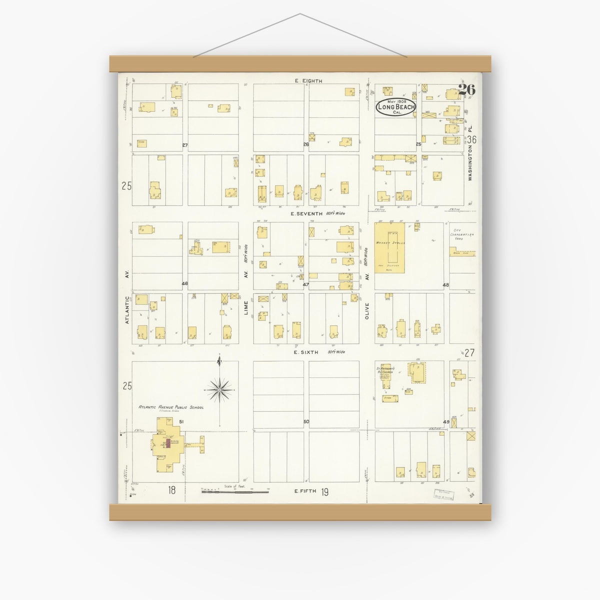 Old map wall art mockup — magnetic wood frame on white wall — Sanborn Fire Insurance Map from Long Beach, Los Angeles County, California (1908), Sheet #0026