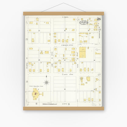 Old map wall art mockup — magnetic wood frame on white wall — Sanborn Fire Insurance Map from Long Beach, Los Angeles County, California (1908), Sheet #0026