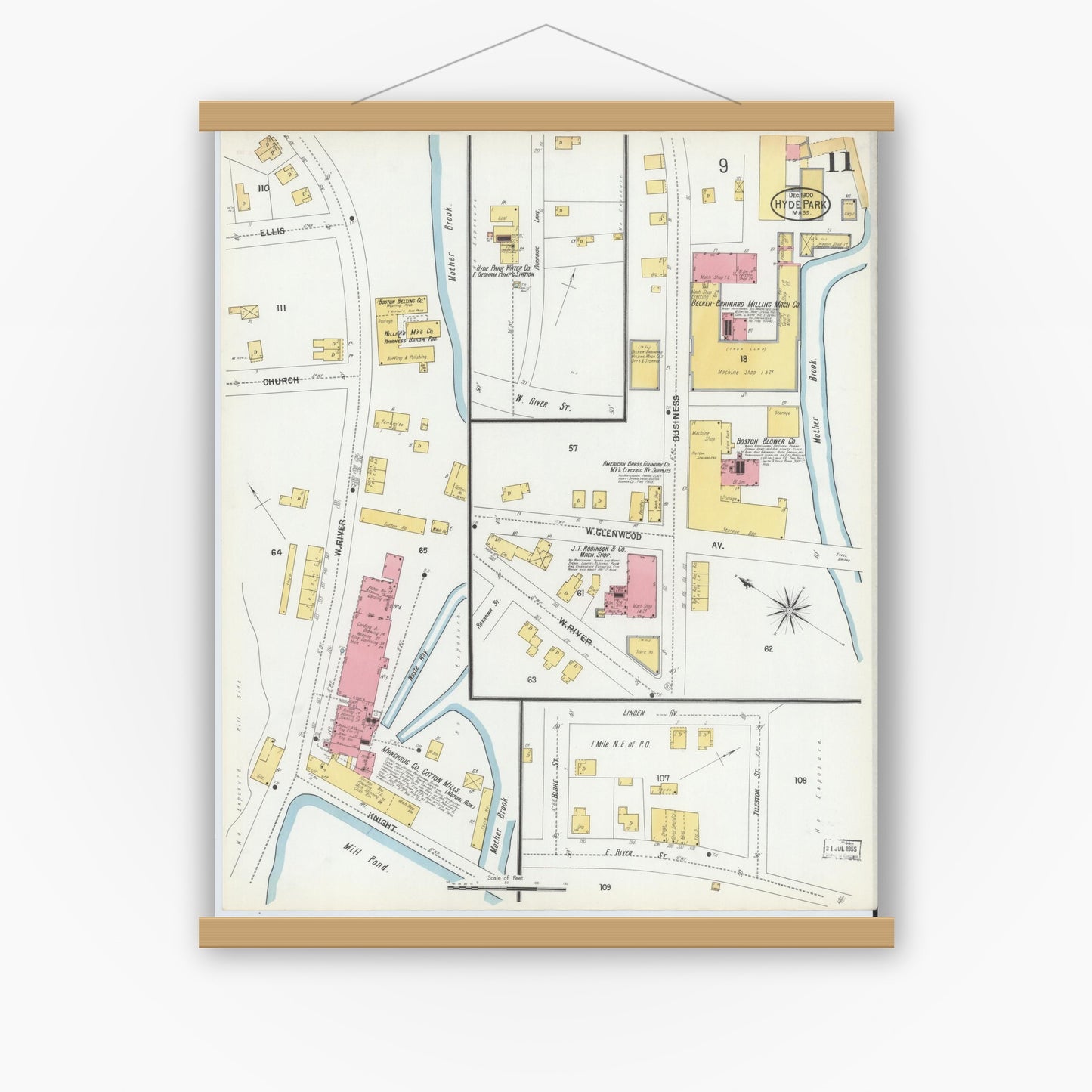 Old map wall art mockup — magnetic wood frame on white wall — Sanborn Fire Insurance Map from Hyde Park, Norfolk County, Massachusetts (1900), Sheet #0011